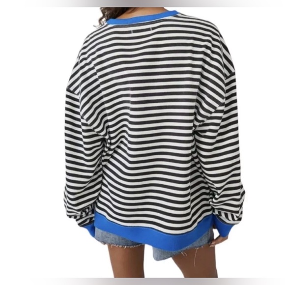 Closeout!▪️NWT Free People Classic Black/White/Blue Striped Pullover Sweatshirt - Picture 6 of 13